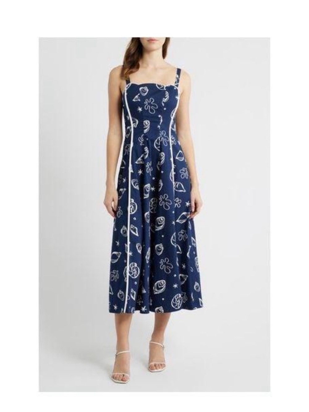 Moon River Scallop Shaped Midi Dress Navy Multi Size L